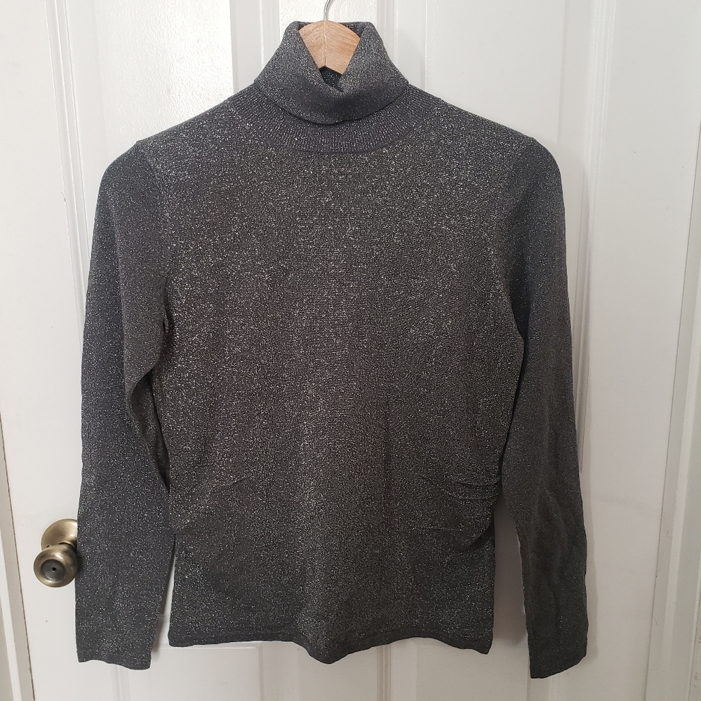 Chelsea & Theodore Y2K Metallic Silk Blend Turtleneck Sweater Gray M